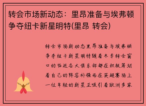 转会市场新动态：里昂准备与埃弗顿争夺纽卡新星明特(里昂 转会)