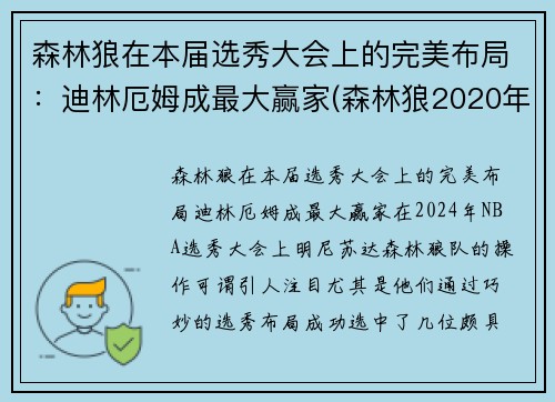 森林狼在本届选秀大会上的完美布局：迪林厄姆成最大赢家(森林狼2020年选秀权)