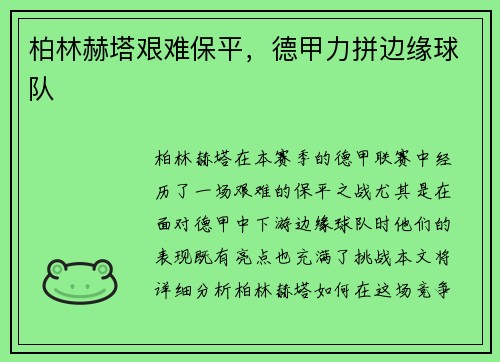 柏林赫塔艰难保平，德甲力拼边缘球队