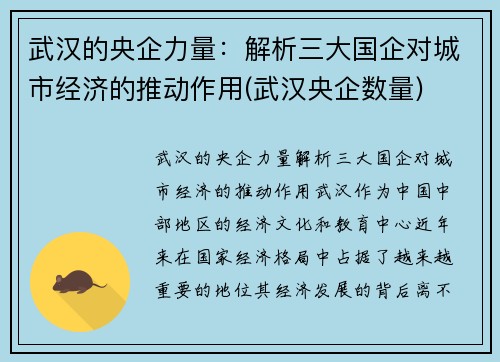武汉的央企力量：解析三大国企对城市经济的推动作用(武汉央企数量)